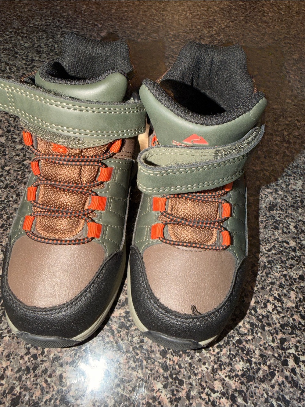 Kids Olive Green and Brown Outdoor Boots with Orange Accents